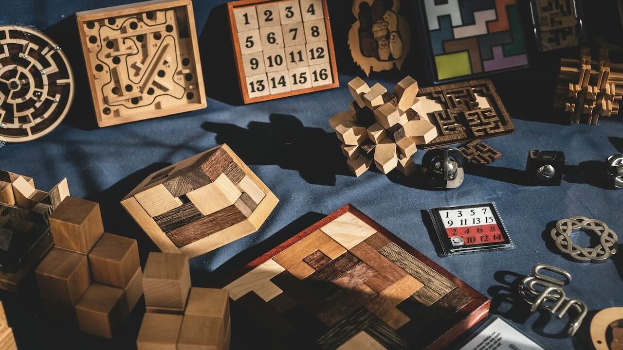 Various puzzles displayed on a table